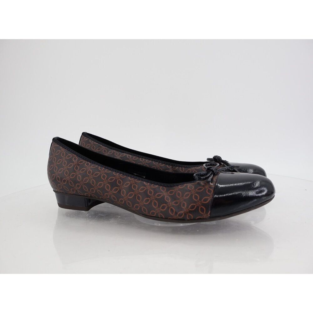 Ara Belinda Ballet Flat Black Brown Vegan Size 10 Cap Toe Bow Slip On Shoes